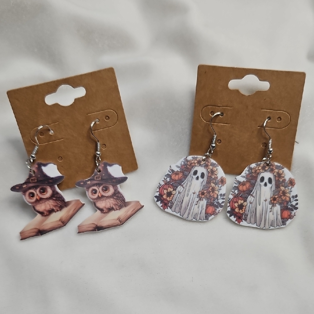 Halloween Earrings Set of 2 Pairs French Hook Pierced Ghost Owl Book Flowers New